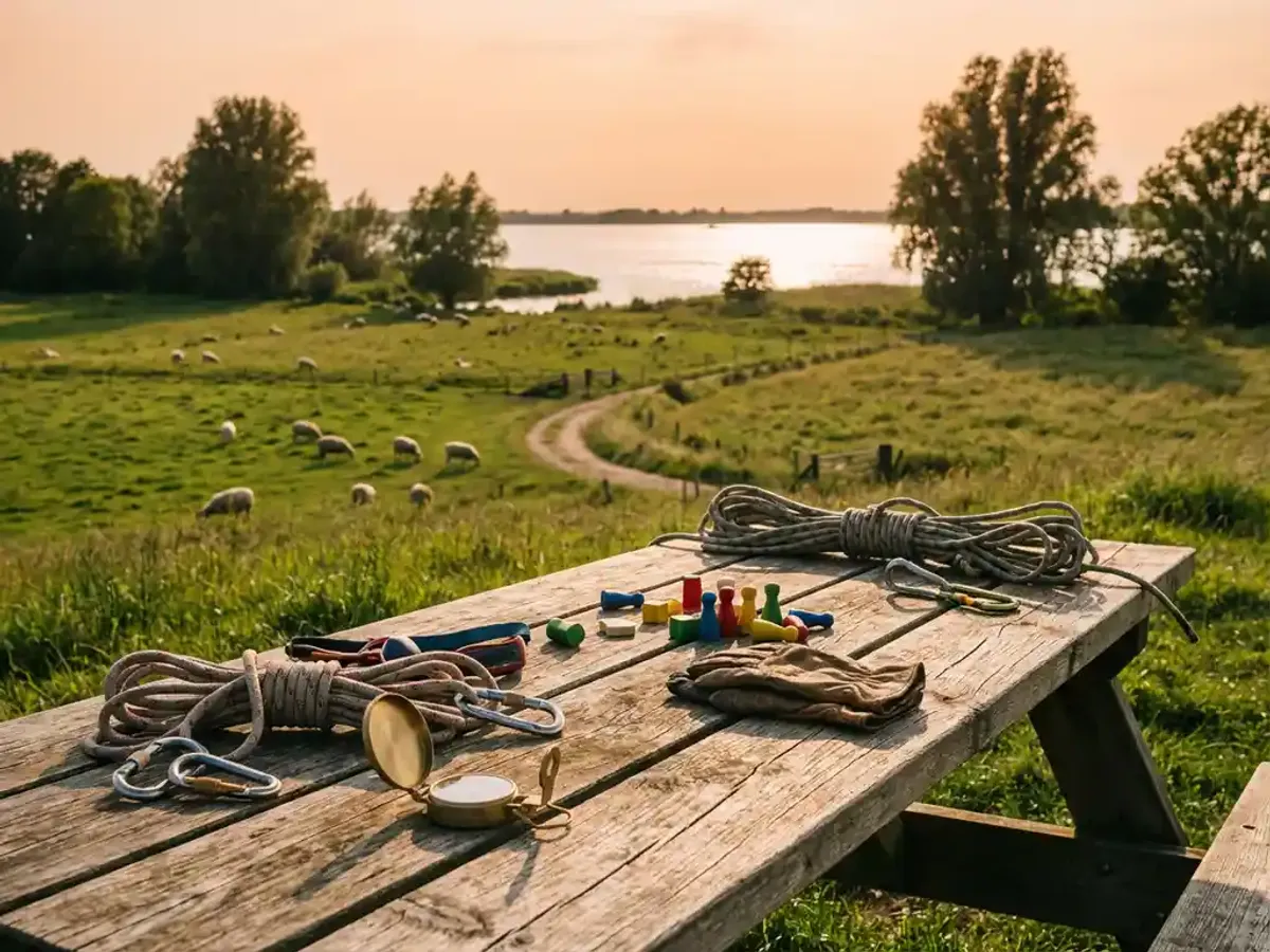 Waar moet u op letten bij het kiezen van een teambuilding activiteit in Utrecht? Houten picknicktafel met kleurrijke buitenactiviteiten uitrusting inclusief touwklimmateriaal en kompas, omringd door groen Nederlands landschap met Eemmeer op achtergrond