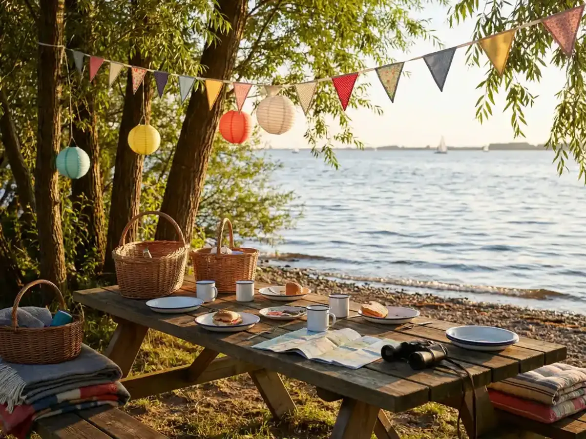 Personeelsfeest met of zonder teambuilding: wat past het beste bij uw bedrijfscultuur? Houten picknicktafel met kleurrijke feestversiering en evenementenbenodigdheden aan de oever van het Eemmeer bij zonsondergang